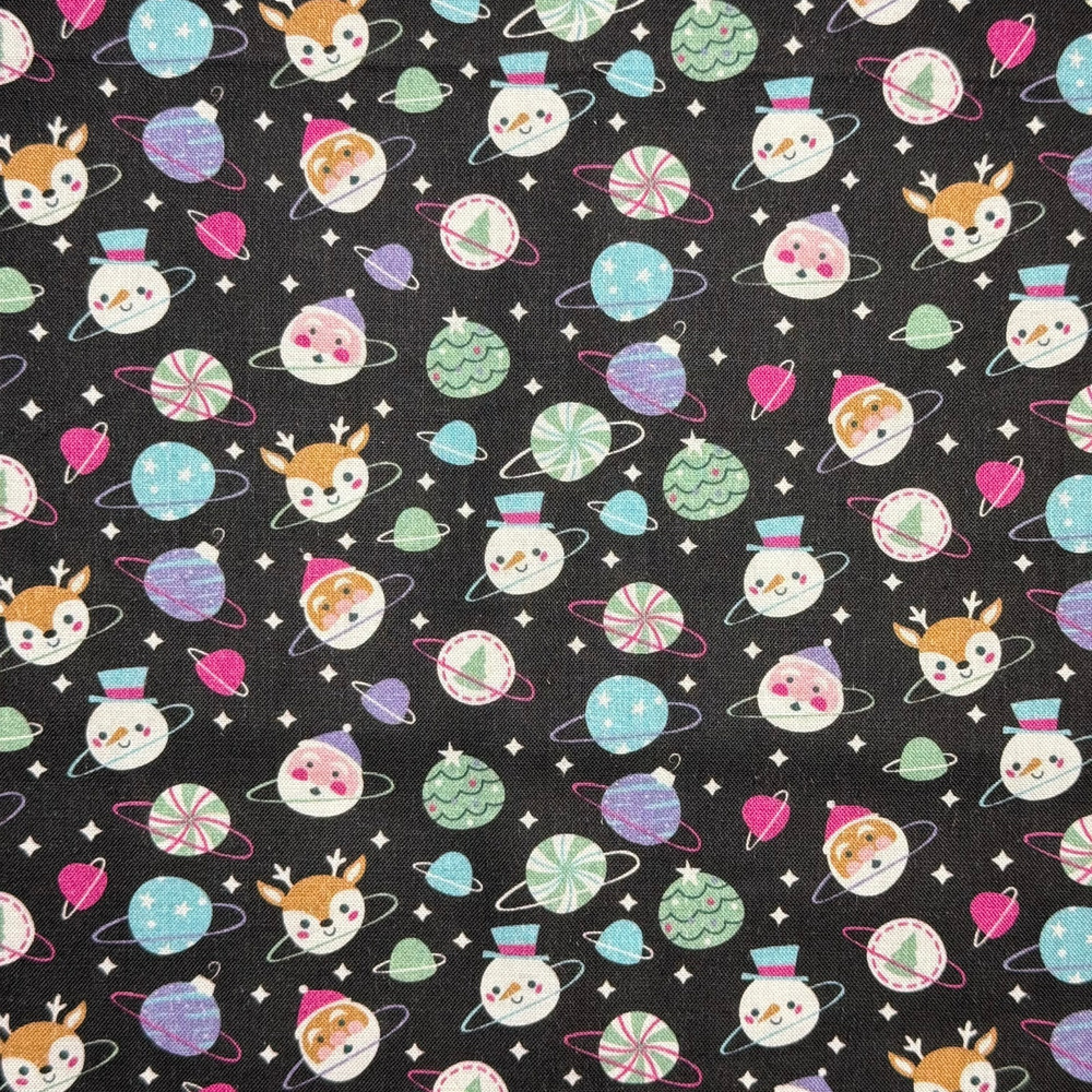 Holiday Planets Novelty Cotton Fabric - 3/4 Yard- Christmas Santa Reindeer Candy